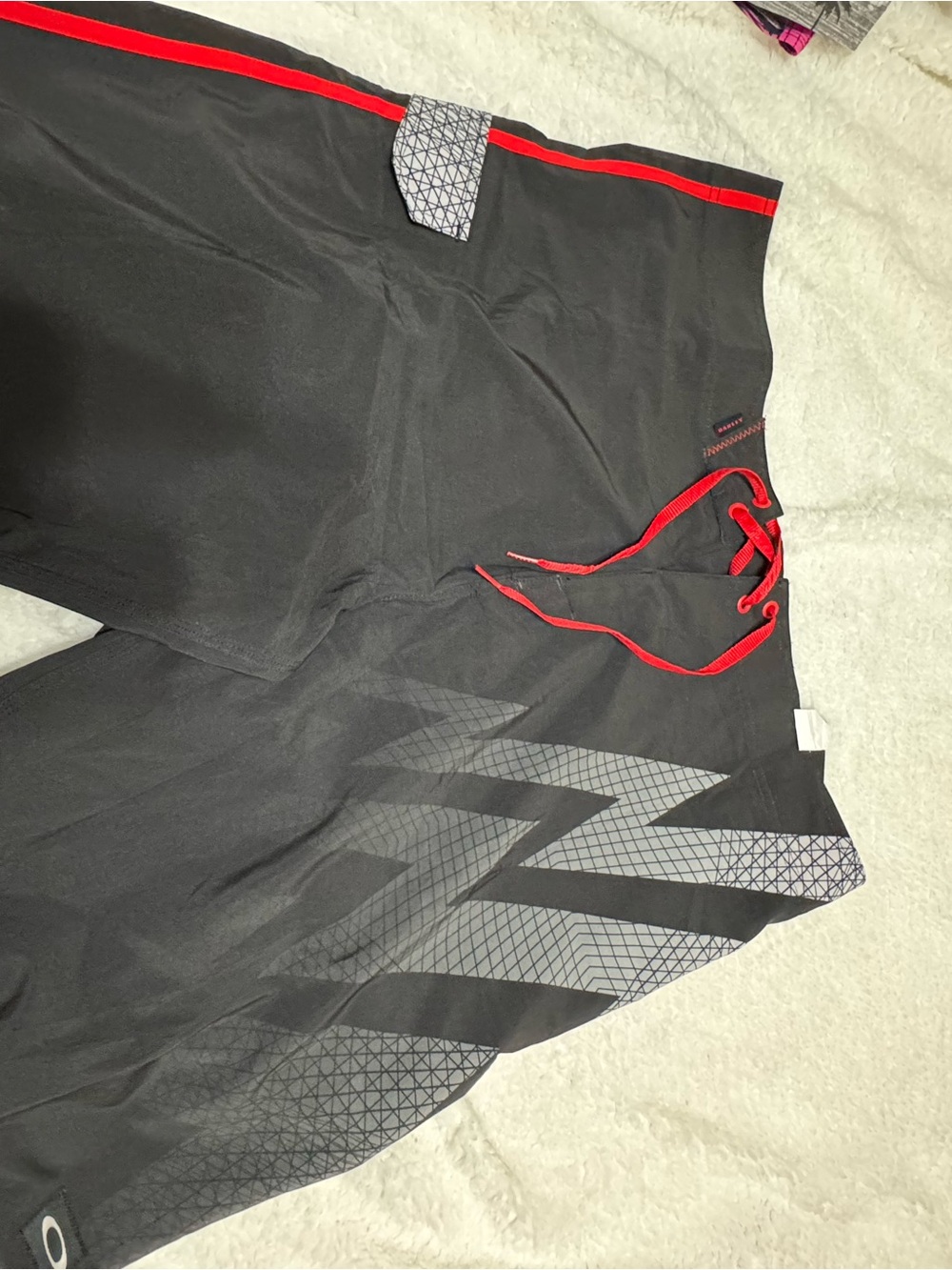 Black Swim Trunks Red Trim and Gray Geometric Print